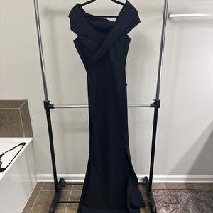 Chiara Boni La Petite Robe Benje Long Off-the-Shoulder Side-Slit Gown in Black